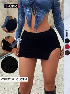 Women's Split Hem Stretch Skirt, Fashion Casual Mini Skirt for Party Club Dating, Ladies Bottoms for Fall & Winter