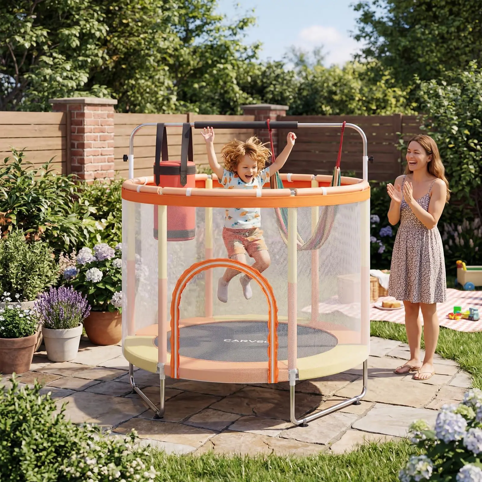 60" Kids' Home Jump Trampoline with Enclosure, ASTM Certified, 440 lbs Capacity, 3 Adjustable Height Settings, 400 lbs Support, Anti-Slip Legs, Foam Edge Safety Pad, Orange+Yellow, for 4-6 Years, Indoor/Garden Use, Children Development Boost