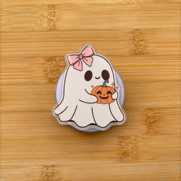 Kawaii Halloween Ghost MagSafe Phone Grip, Cute Pink Bow Ghost with Pumpkin Magnetic PopSocket, Girly Spooky Phone Holder, Coquette Halloween Phone Accessory, Halloween Gift Idea
