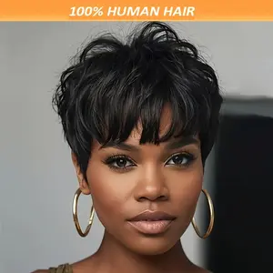 NEW Arrivals Fashionable Women'S Natural Look Pixie Cut Wig - 180% Density Brazilian Remy Human Hair Bob with Bangs, Layered Straight Style, No Lace Front Needed, Everyday & Special Events, Low Maintenance Hairstyle, Short Hair Wig, Event Hairpiece, Sleek