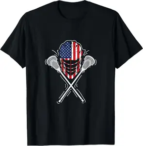 100%cotton Lacrosse Helmet Crossed Sticks America Flag Gift T-Shirt Menswear Top
