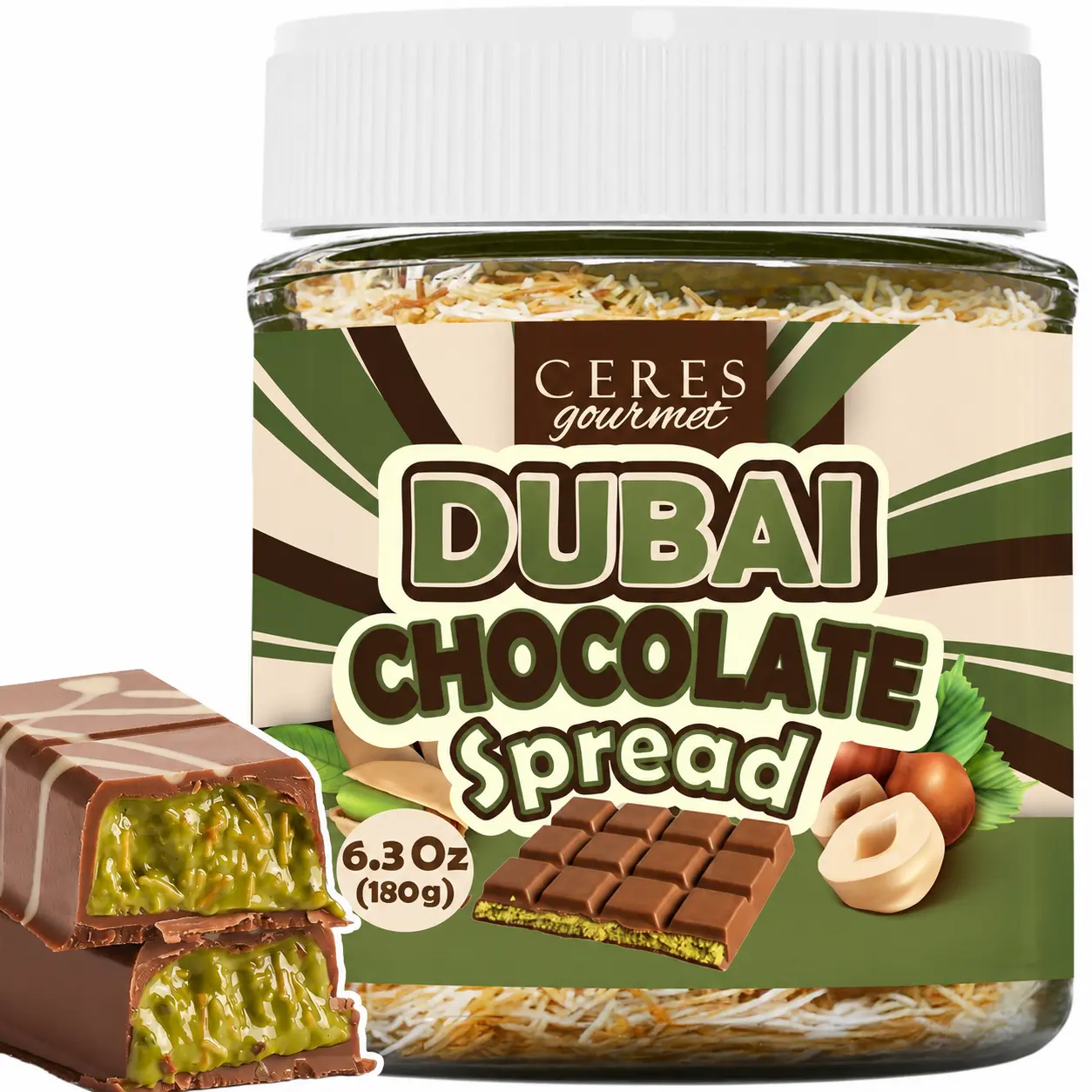 Gourmet Dubai Fruit Chocolate Spread - 6.3 oz Jar with Pistachio, Kataifi Fillings for Pancakes, Breakfast Snacks