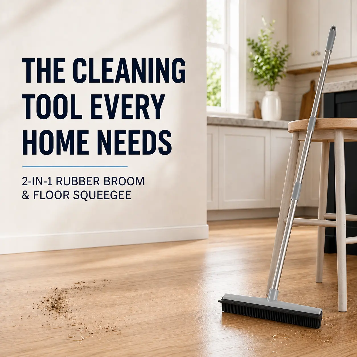 Rubber Broom and Floor Squeegee, 2-in-1 Household Floor Cleaning Tool with Removable 3-Section Handle for Tile, Hardwood, Bathroom and Kitchen Floors