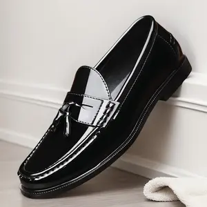 Men's Black Patent Leather Tassel Loafers, Hand-Stitched Slip-On Formal Dress Shoes82696