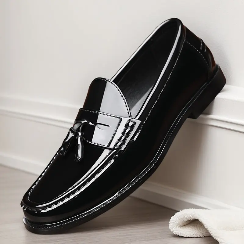 Men's Black Patent Leather Tassel Loafers - Hand-Stitched Flat Slip-On Formal Dress Shoes with Soft Rubber Sole, Style 82696