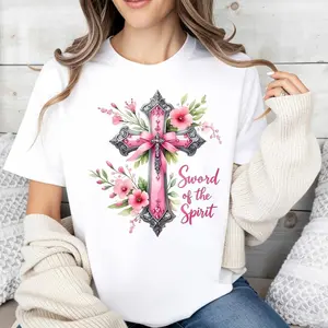 Religious Floral Cross Design Women's T-Shirt Sword Of The Spirit Christian Faith Theme Spring Summer Wear Gift For Believers And Faithful Friends