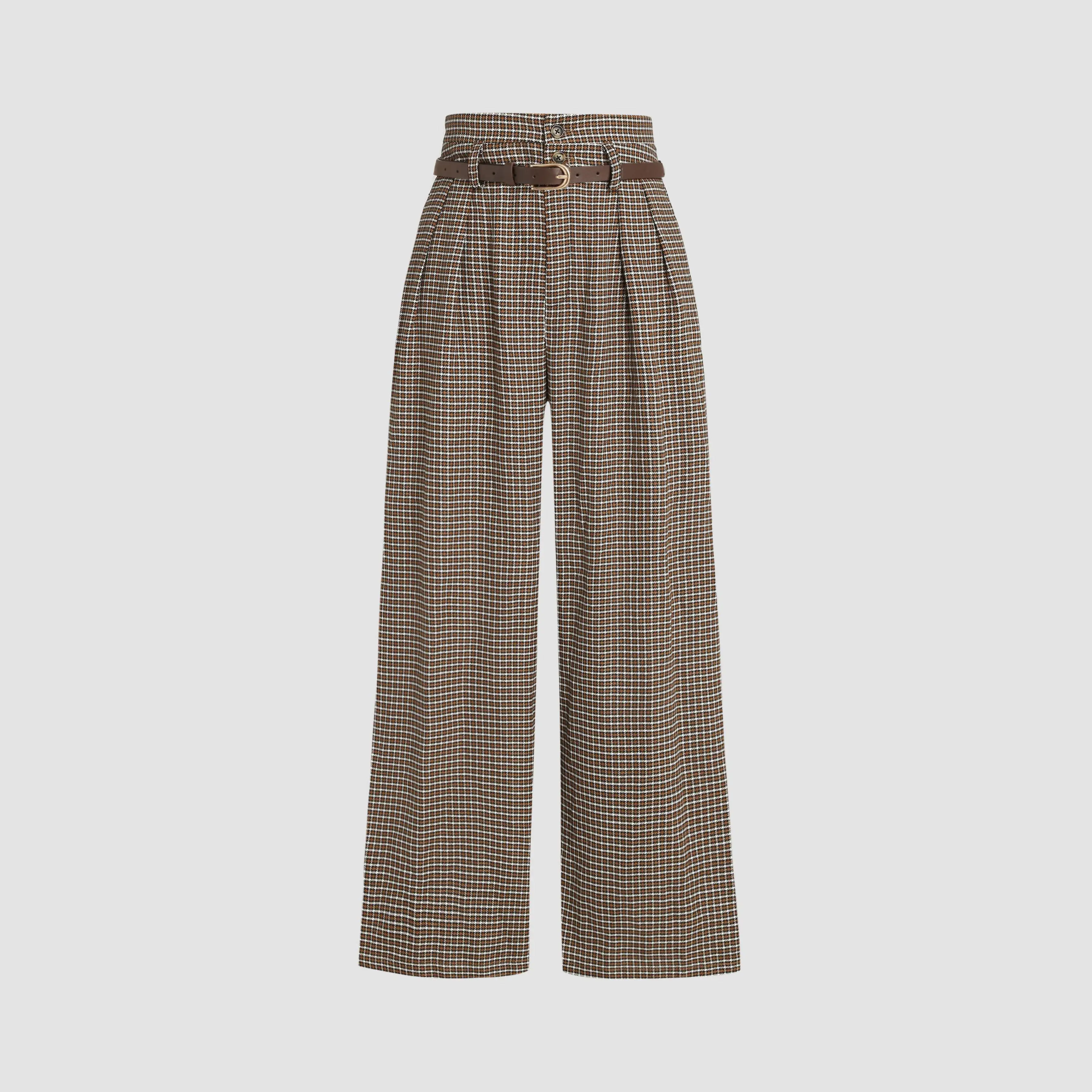 Cider Casual High Waist Houndstooth Wide Leg Pants for Women, Stylish Bottoms with Belt, Women's Clothes