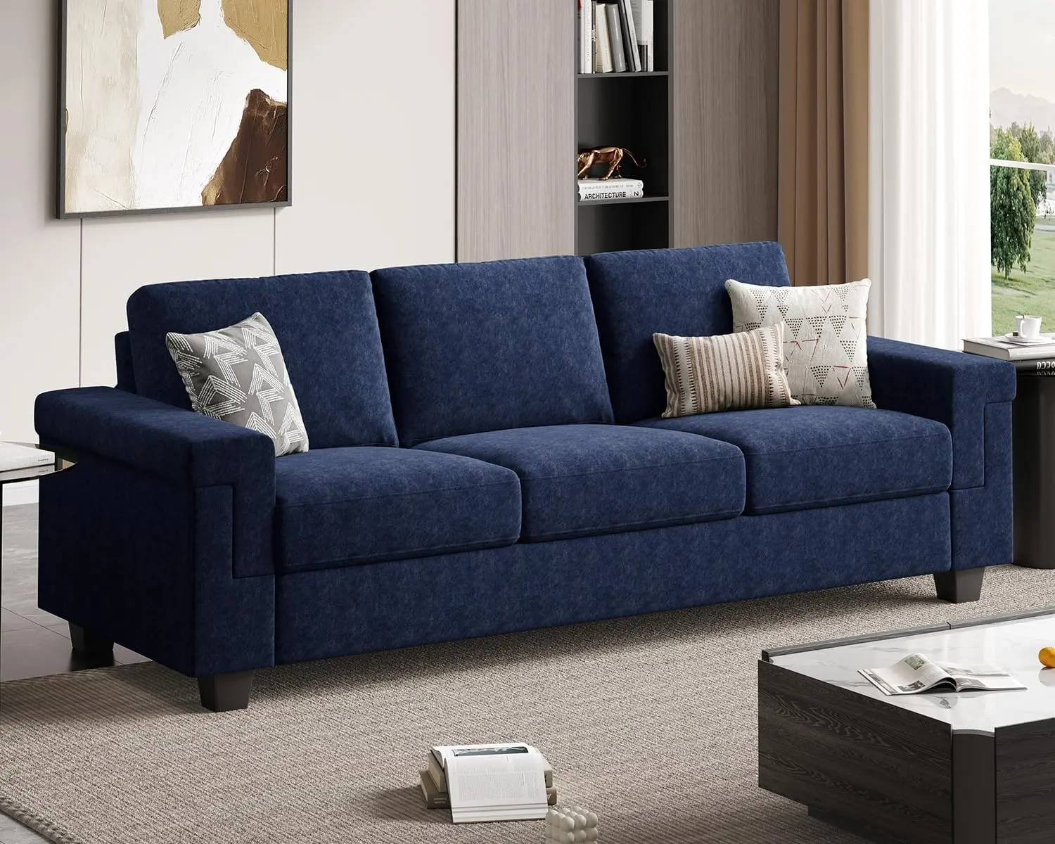 COPIAE 3-Seater Square Arm Sofa Couch - 90" Modern Upholstered Deep Seat, Removable Covers, Requires Assembly, Comfy for Apartment, Sofas for Living Room, Blue