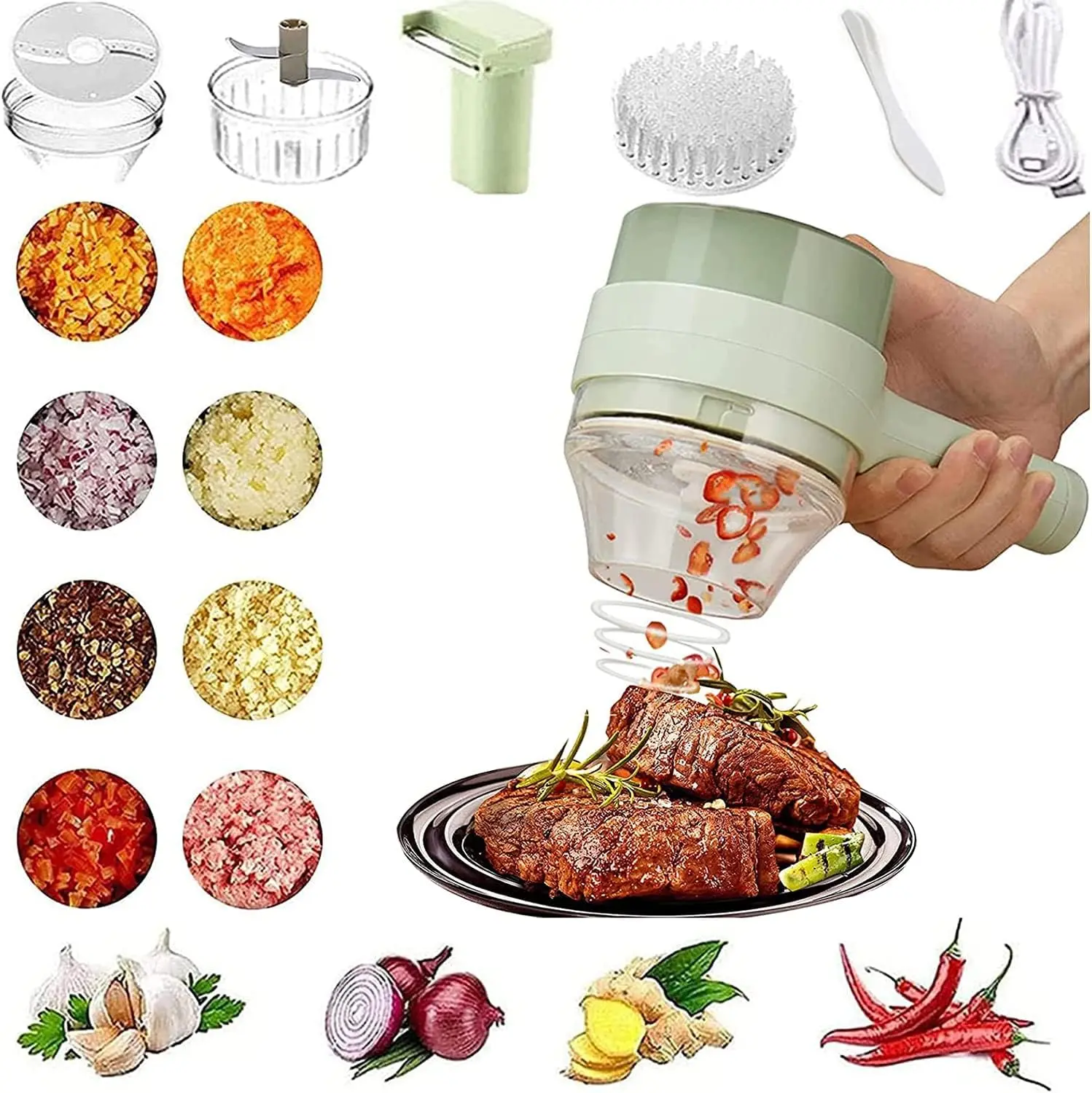 4 in 1 Handheld Electric Vegetable Chopper, Cordless Mini Food Processor for Garlic, Onion, Pepper and Vegetable Slicing, Dicing and Chopping