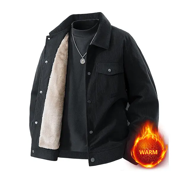 Men’s fleece-lined corduroy jacket with a turn-down collar – warm workwear jacket suitable for autumn and winter commuting, streetwear looks, everyday shopping, and short trips.
