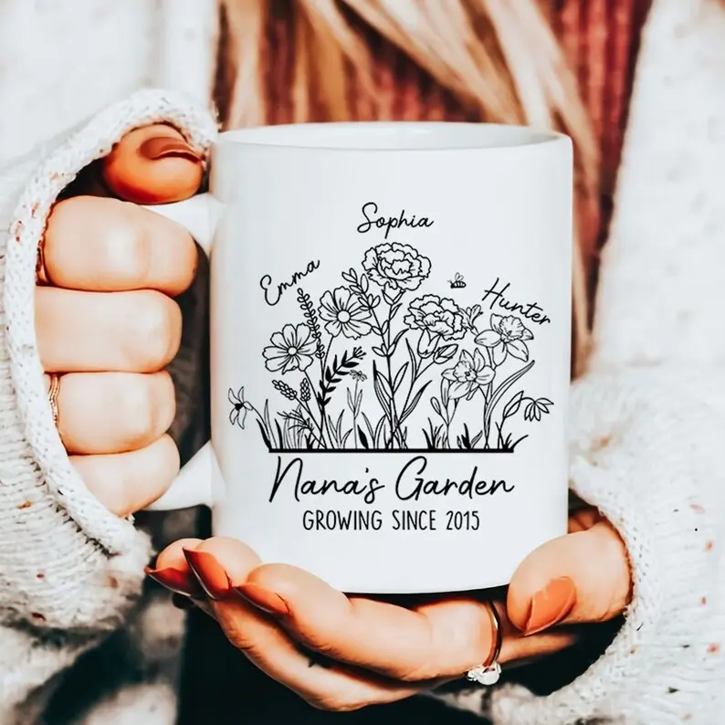 Personalized Grandma Floral Mug, Custom Grandma's Garden Coffee Cup with Name, Christmas Gift for Grandma, Unique Mom Coffee Mug
