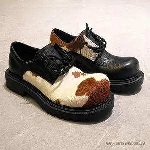 Vintage Big Round Toe Cow Pattern Derby Shoes Women's and Men's Cross-tied Casual Shoes Lover's Low Square Heel Shallow Flats