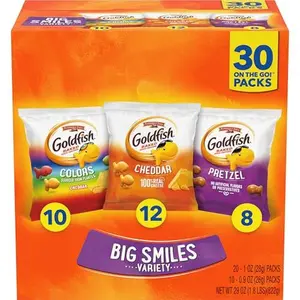 Goldfish Crackers Big Smiles Variety Pack with Cheddar, Colors, and Pretzels, Snack Packs, 30 Ct