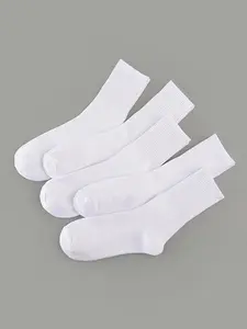 Men's 5 Pairs Solid Mid-calf Socks, Ribbed Knit Crew Socks, Comfortable Breathable White Socks, Multipack Basics Socks for Men Every Day Wear, Casual Comfy Socks, Stretch