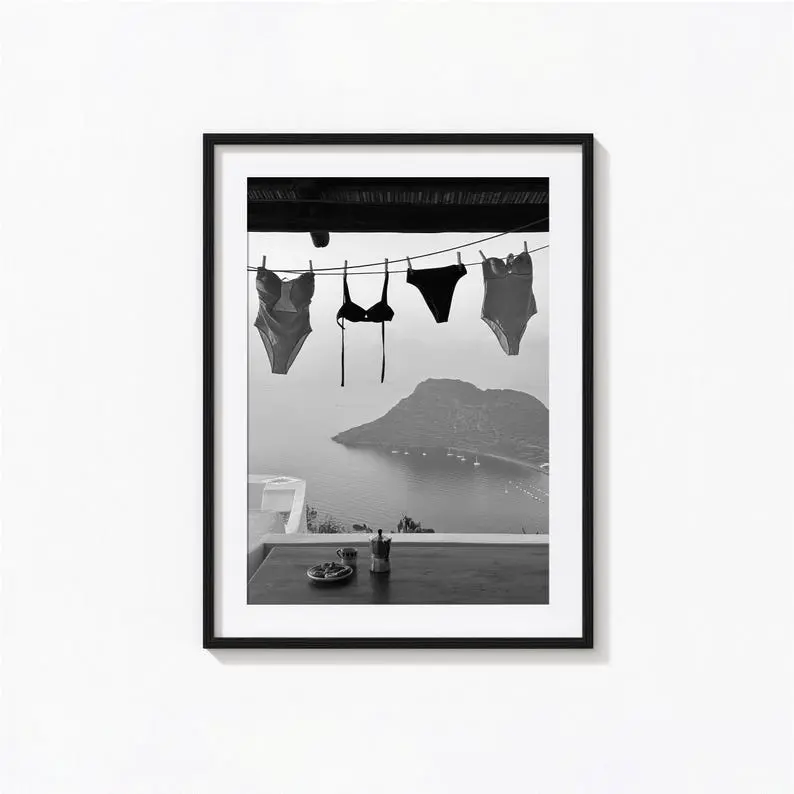 Hanging Bikini Print, Black and White Coastal Wall Art, Summer Poster, Vintage Print, Photography Prints, Museum Quality