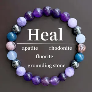 Amethyst Black Fluorite Bracelet – 8mm Natural Stone Beaded Jewelry, Protection Gemstones, Boho Elegant Gift for Women, Daily Wear