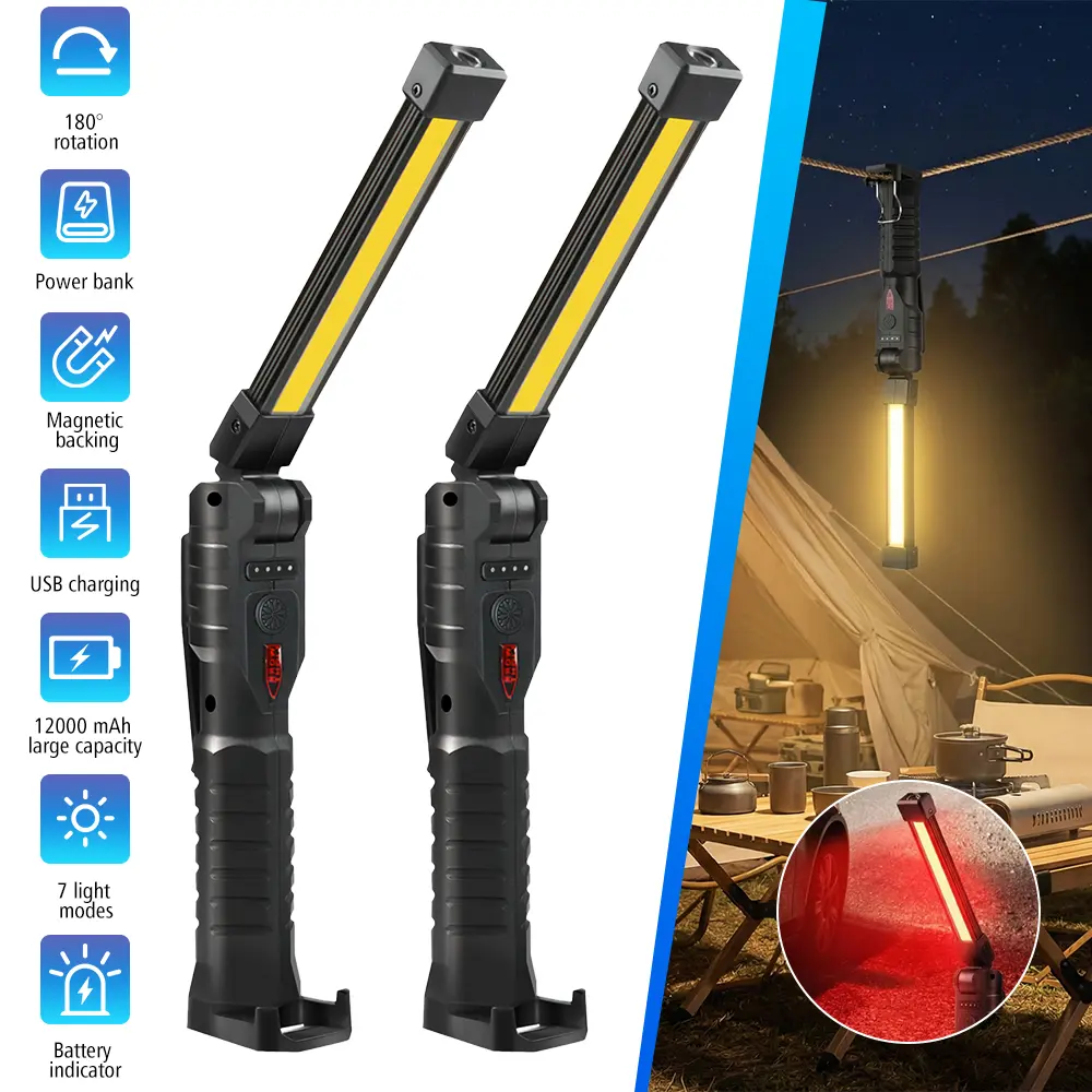 2-Pack Rechargeable LED Work Flashlights - 12000mAh Power Bank, 180° Rotatable Magnetic Base, Hook, 7-Mode COB USB Work Light, Battery Indicator, Portable Folding Rechargeable LED Torch for Car Repair, Camping