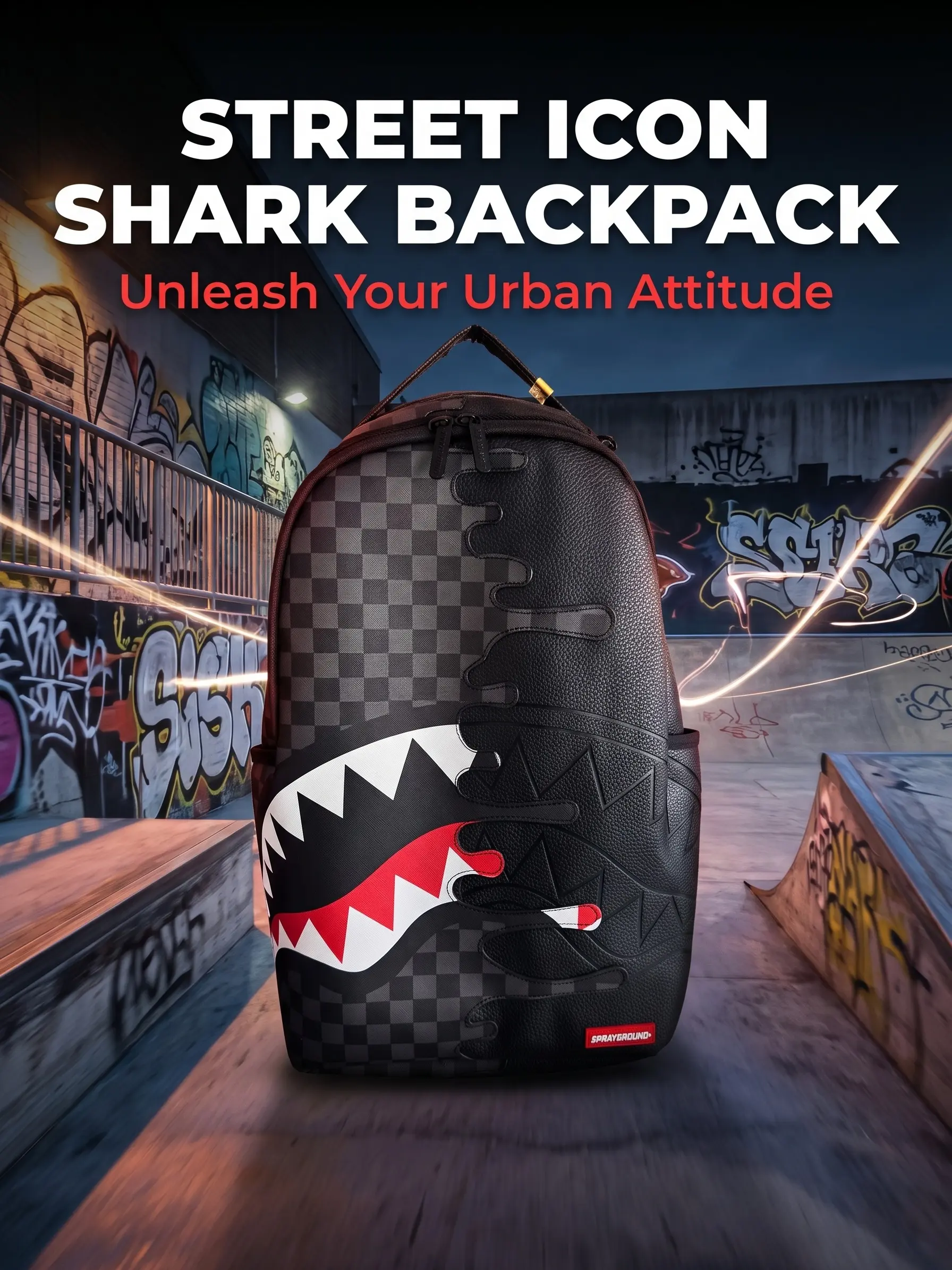 SG Drip Shark-Mouth Backpack, Black Grey Checkerboard Textured Daypack, Streetwear Gym Bag for Men Teens