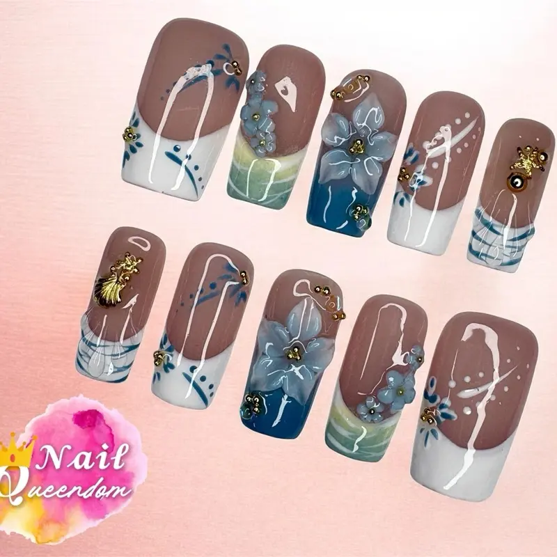 Nail Queendom [SALTWATER GARDEN] Handcrafted 3D Press-On Fake Nails Reusables Long Lasting Salon Quality Easy Application 10 Pieces Set