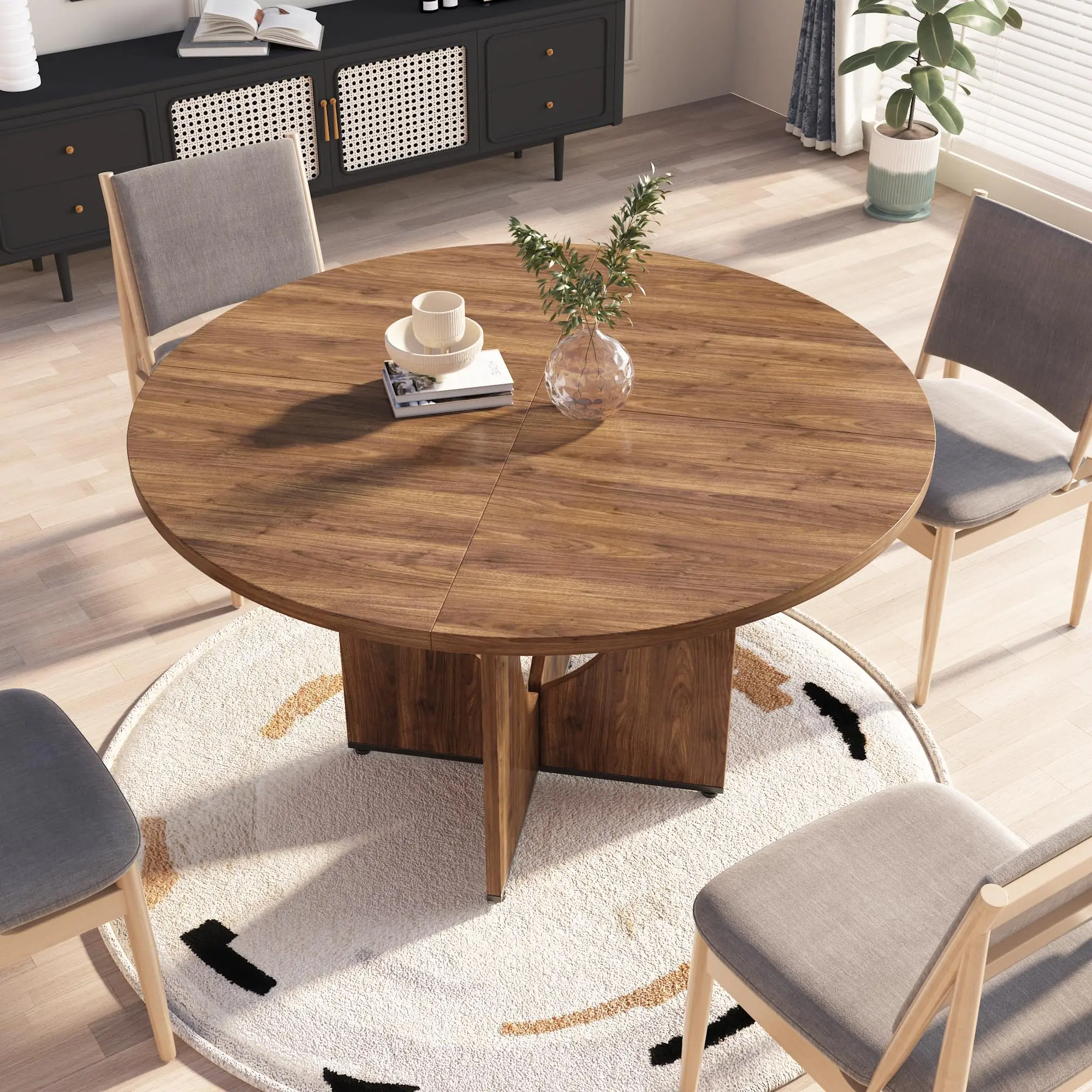 47'' Round Dining Table for 4‑6 People – Modern Farmhouse Kitchen Table – Adjustable Feet – Circle Wood Dinner Table for Dining Room, Living Room, Apartment – Easy Assembly