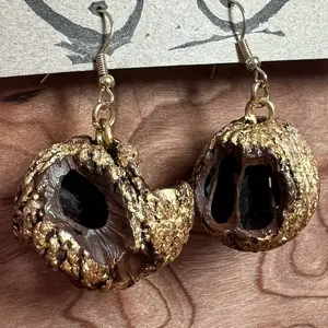 Handmade Black Walnut Shell Earrings with Gold Leaf