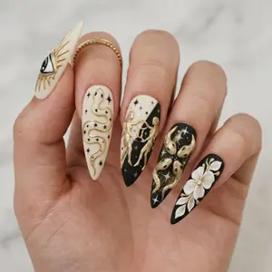 Gemini Zodiac Press On Nails | Black Cream 3D Gold Snake Evil Eye Nail Art