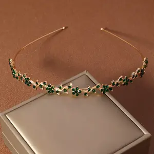 Single Elegant Green & Emerald Leaf Headband - Golden-Tone Sparkling Rhinestone Tiara for Women, New Year Birthday Party Royal Wedding Bridal Accessory