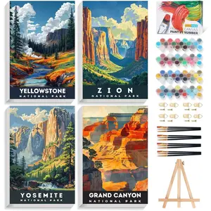 4 Pack Framed Paint by Numbers Kit for Adults with Wooden Easel, National Parks Easy Paint by Numbers for Beginners, Framed Canvas for Home Decor Gift 8x12 Inch