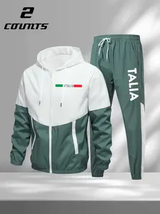 Men's 2 Piece Set, Full-Zip Hooded Jacket & Drawstring Sweatpants with Flag & Bold Letter Graphic, Streetwear Tracksuit Set, Sporty Casual Outfit for Daily Wear, Gym, Travel, Urban Fashion Enthusiasts, Comfortable Fit & Stylish Italian National Style
