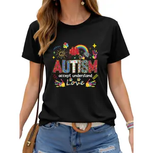 Women's Breathable Autism Support Tee with Bright Rainbow Handprint Design