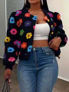 Women's Floral Print Casual Short Knit Jacket, Stylish Ladies Outerwear for Spring & Fall, Comfortable and Trendy Design