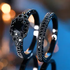 Set of 2 Halloween Black Zirconia Rings for Women | Unique Gothic Style Jewelry for Halloween Look
