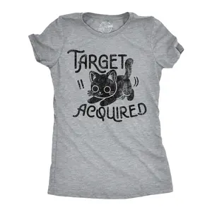 Womens Funny T Shirts Target Acquired Sarcastic Kitten Graphic Novelty Tee For Ladies Funny Womens T Shirts Cute Vintage Fashion Casual Ladies T-Shirt Gift Funny Cat Top Women's Novelty Tees Light Grey