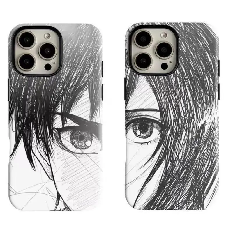 Attack on Titan Eren & Mikasa Couple Smartphone Case - Sketch Style Anime Tough Cover, Cellphone Accessories for iPhone 11-17 Pro Max/Plus, Handheld Devices Samsung Galaxy S23-25
