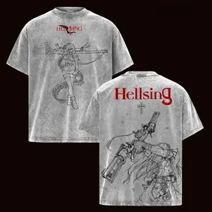 Anime Hellsing Alucard Graphic T Shirt Men Casual Short Sleeve Clothing Oversized Tshirt Washed Cotton Tee Harajuku Male T-shirt