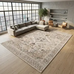 Washable Vintage Area Rug 8x10 5x8 4x6 ft. Super Soft Velvet Indoor Carpet with TPR Non-Slip Backing. Distressed Cream Boho Floor Mat for Living Room Bedroom Dining Playroom. Pet Friendly Easy to Clean Cozy Room Decor Suitable for Any Scene in Home.