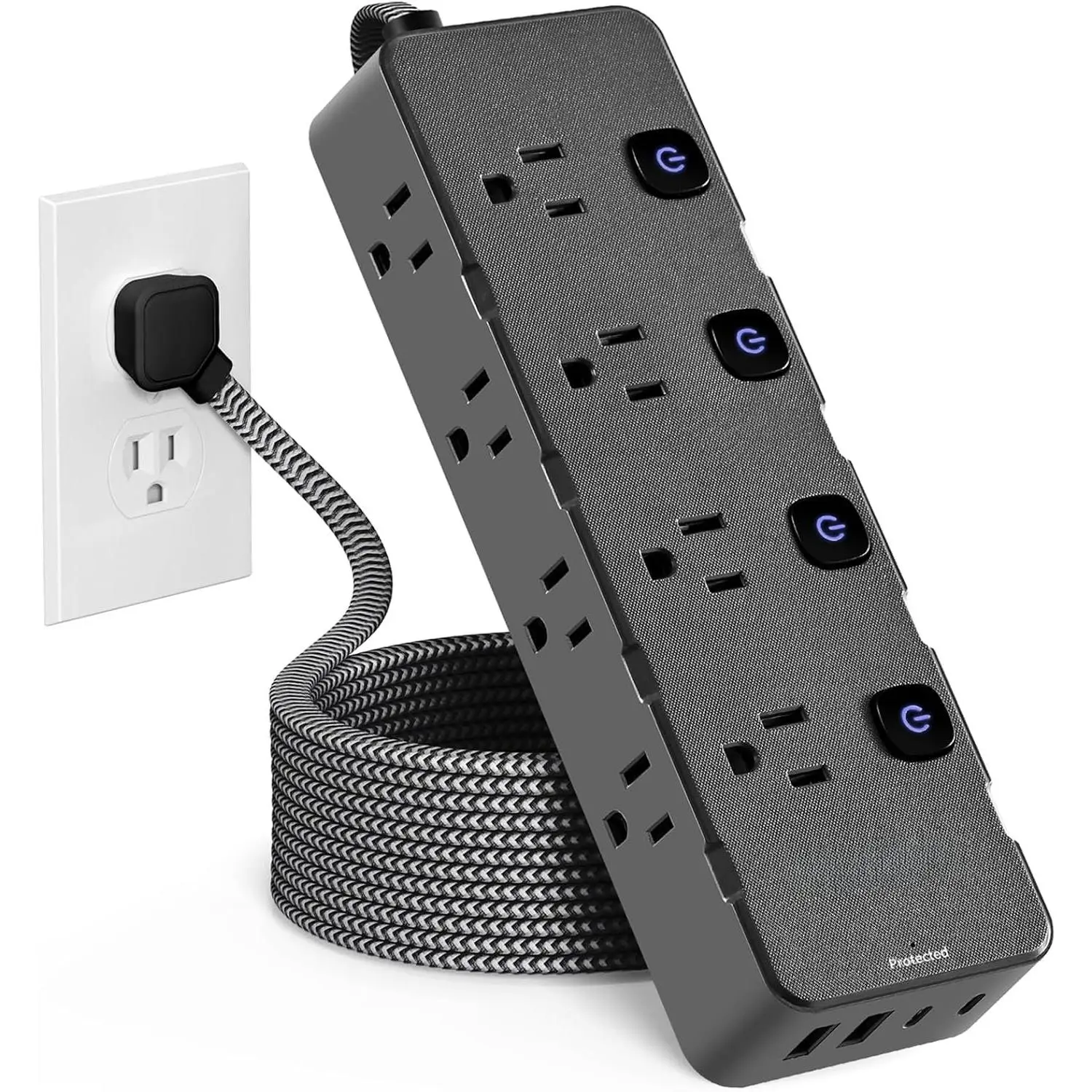 Surge Protector Power Strip 10 Ft - 8 Widely AC Outlet 4 USB Ports(2 USB C), Flat Plug Extension Cord with Multiple Outlets, Individual Switches, Desk Extender for Dorm, , Office Essentials, 1400J