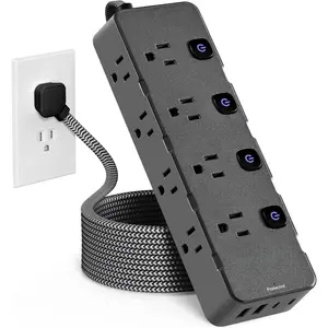 Surge Protector Power Strip 10 Ft - 8 Widely AC Outlet 4 USB Ports(2 USB C), Flat Plug Extension Cord with Multiple Outlets, Individual Switches, Desk Extender for Dorm, , Office Essentials, 1400J