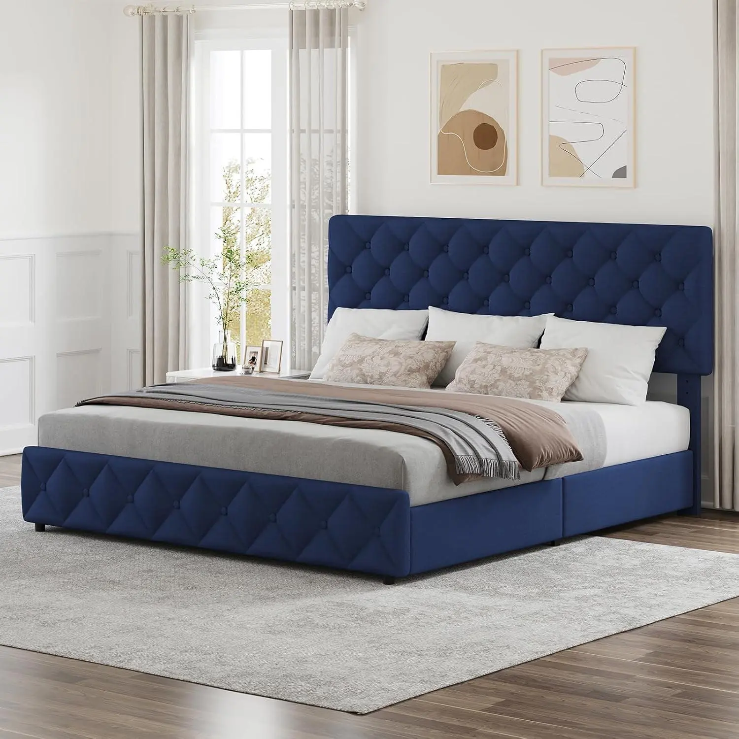 King Size Blue Linen Upholstered Platform Bed Frame - 4 Storage Drawers, Adjustable Headboard, Diamond Stitched Button Tufted Design, Wood Slats Support, No Box Spring Needed, EVA Sponge Strips, Fabric Bed Frames, Upholstered Platform Bedframe