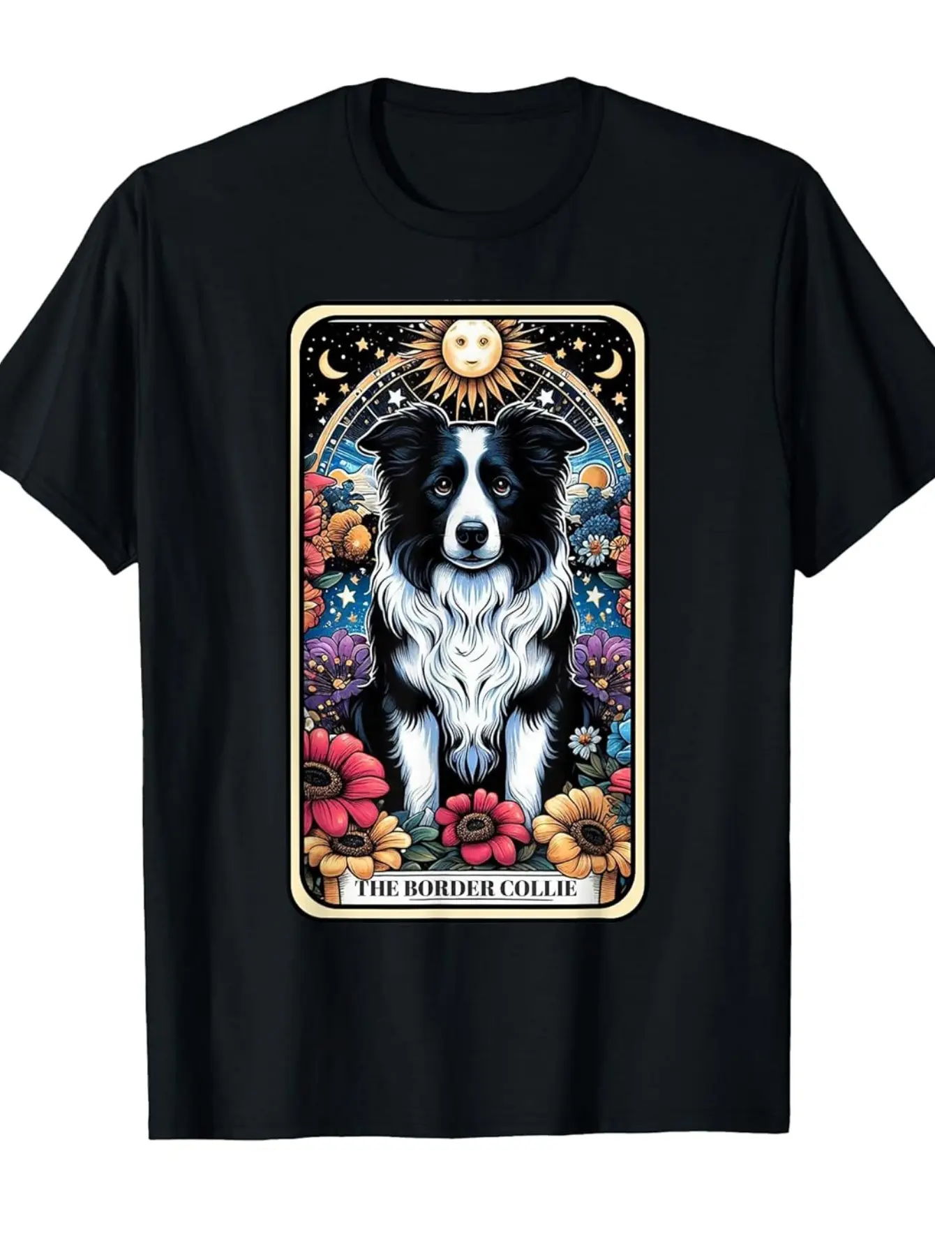 Border Collie Dog Card Floral Star Moon T-Shirt - unisex soft cotton short sleeve t shirt, vintage graphic casual tee for men women teens, perfect birthday holiday gift for camping travel gym daily street  wear