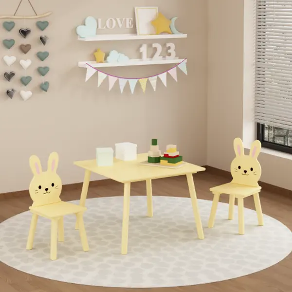 Kids Table and Chair Set with 2 Bunny Chairs！！Children's Wooden Activity Table for Toddlers, Cute Animal Design Study Play Set for Playroom, Bedroom, Classroom