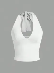 Women's Solid Tie Backless Halter Top, Casual Fitted Sleeveless Slim Minimalist Deep V Neck Crop Tank Top for Summer, Basic Ladies Clothes for Daily Wear, Camisole, Womenswear, Casual Tank Tops