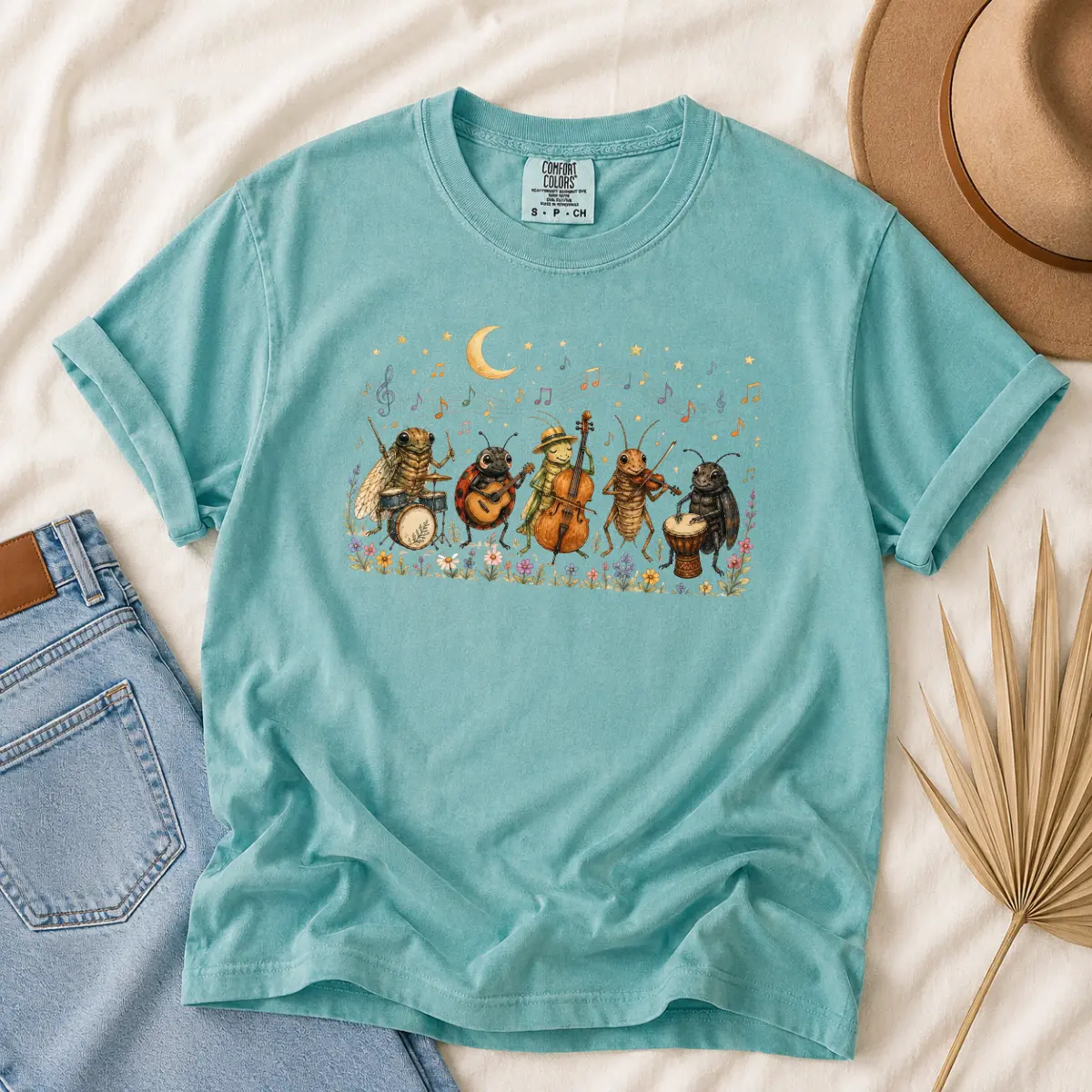 Comfort Colors Whimsical Bug Band Graphic T-Shirt, Cute Woodland Insect Musician Tee, Cottagecore Nature Vibe -