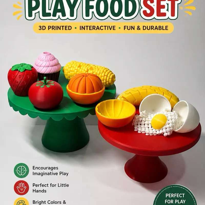 3D Printed Pretend Play Food Set Interactive Sensory Toy for Kids Fruits Vegetables Breakfast Play Set Fun Learning Toys