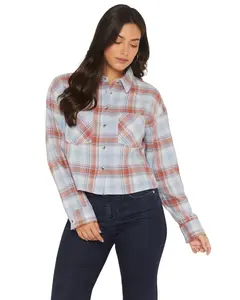 Ely Walker Women's Plaid Print Long Sleeve Button-Down Cropped Flannel Shirt - 321063-Bl