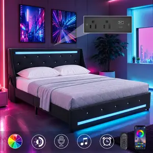 Queen Bed Frame with LED Lights, Upholstered Bed Frame with Charging Station, Platform Bed with Diamond Headboard, Wooden Slats, Easy Assembly, No Box Spring Needed, Noise Free, Black