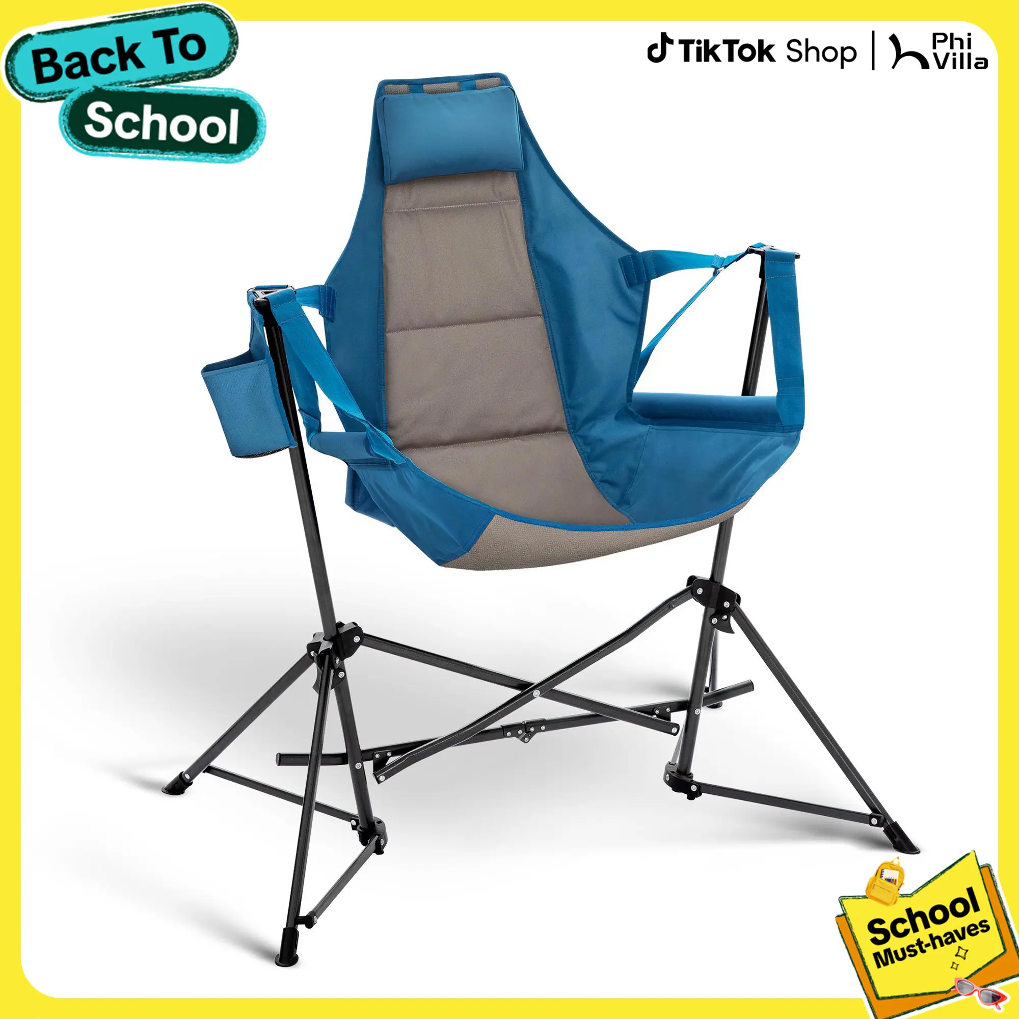 DealsForYouDays PHIVILLA Hammock Folding Rocking Chair with Cup Drink Holder, High Back Padded Swinging Chair for Outdoor,Camping, Lawn,Backyard,Picnic