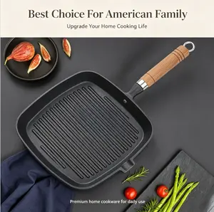 Square Cast Iron Grill Pan with Wooden Handle, Non‑Stick Pre‑Seasoned Skillet for Steak, Bacon, Seafood & Veggies, Compatible with All Stovetops, Indoor & Outdoor Home Cooking Cookware