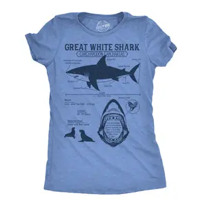 Womens Funny T Shirts Great White Shark Infographic Sarcastic Shark Lovers Tee For Ladies Funny Womens T Shirts Cute Vintage Fashion Casual Ladies T-Shirt Gift Shark Tops for Women Funny Animal Top Women's Light Blue