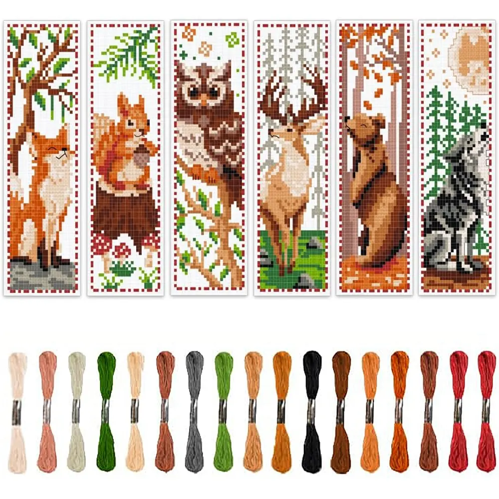 Animal in The Forest Theme Cross Stitch Bookmark, 6 Counts/set DIY Art Handicraft Set Cross Stitch Kit Including Cross Stitch Accessories, Decorative Bookmark for Beginners